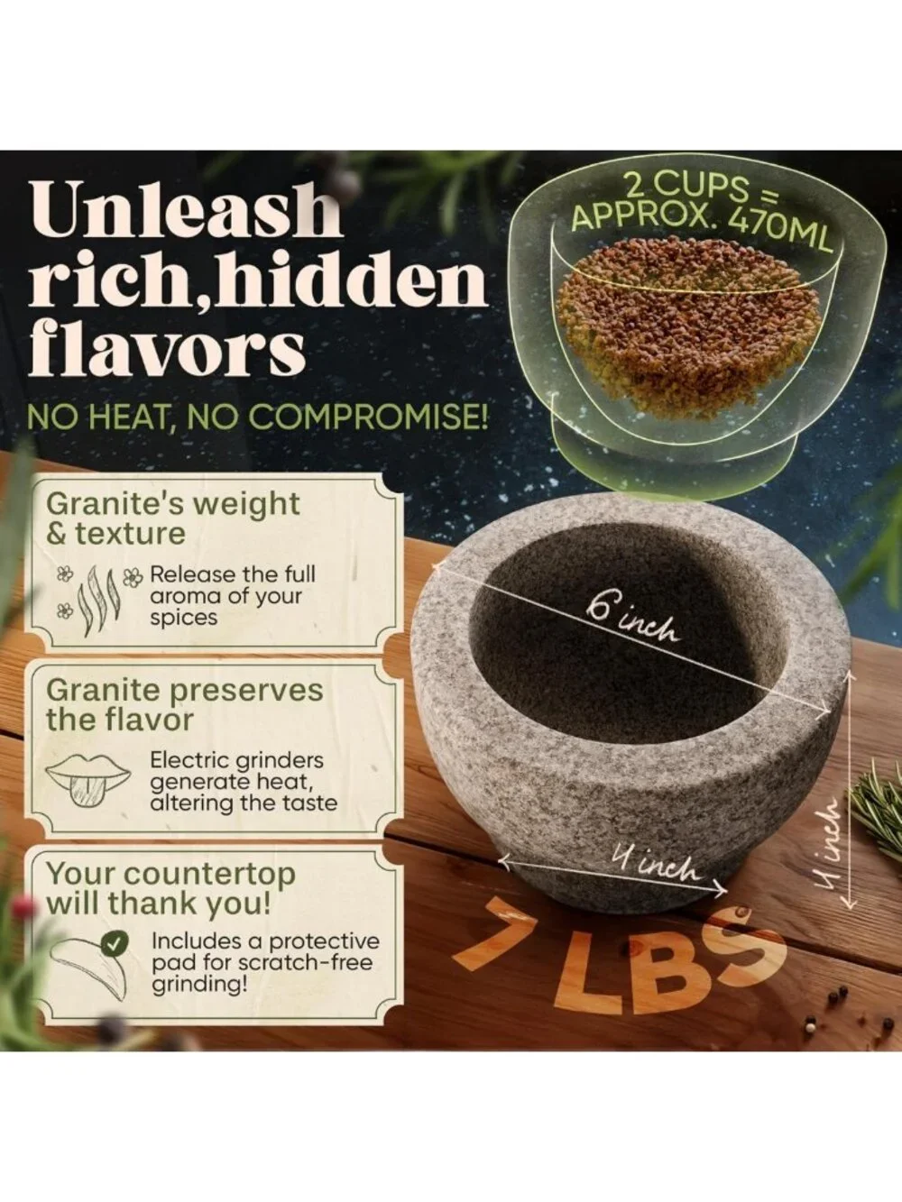 6-Inch Heavy Granite Mortar and Pestle Set - 2 Cup Capacity, Anti-Scratch